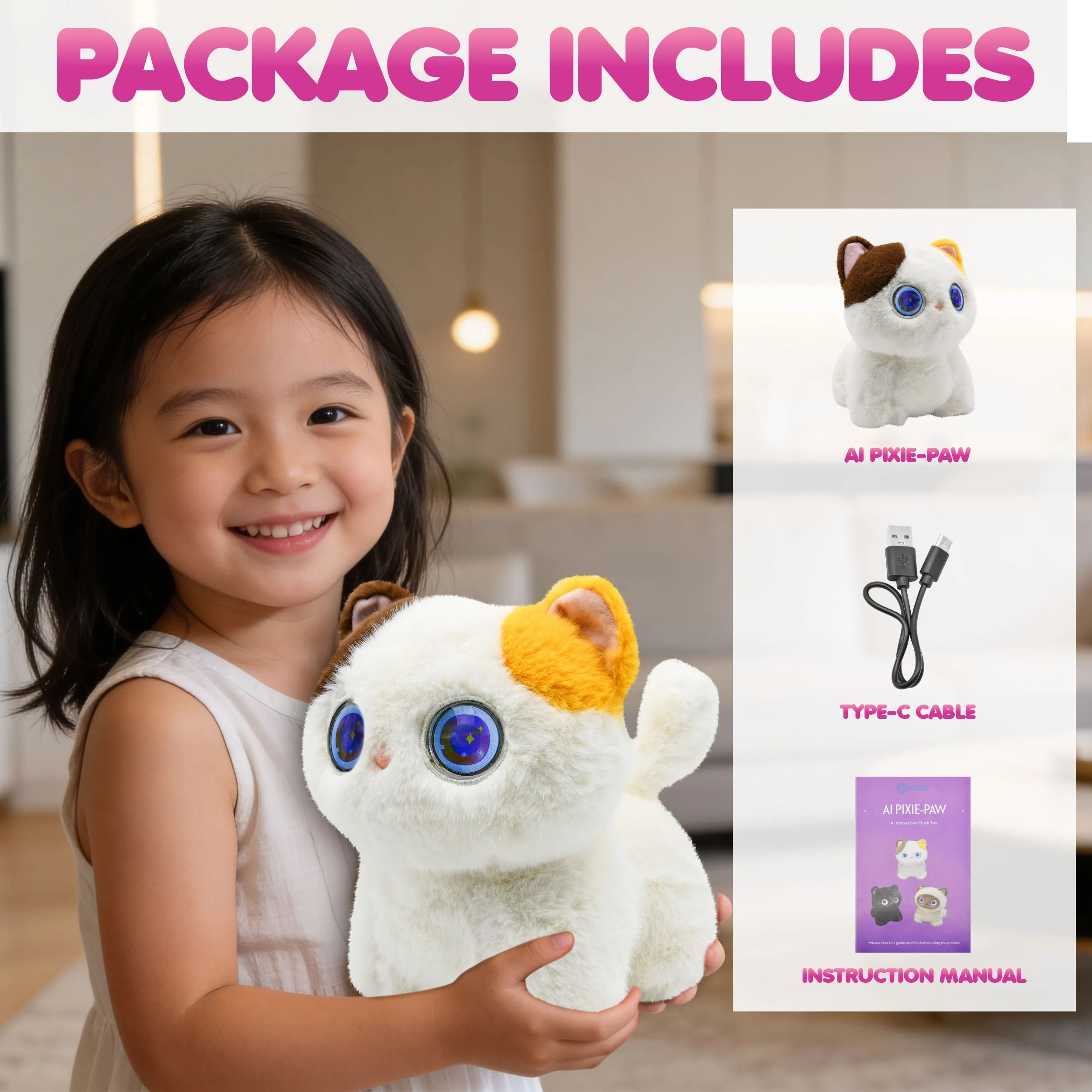 Contixo AI Pixie-Paw Smart Interactive Plush Cat – Voice-Responsive, Touch-Activated, Expressive Eyes, AI Companion Stuffed Animal for Kids & Pet Lovers - Image 4