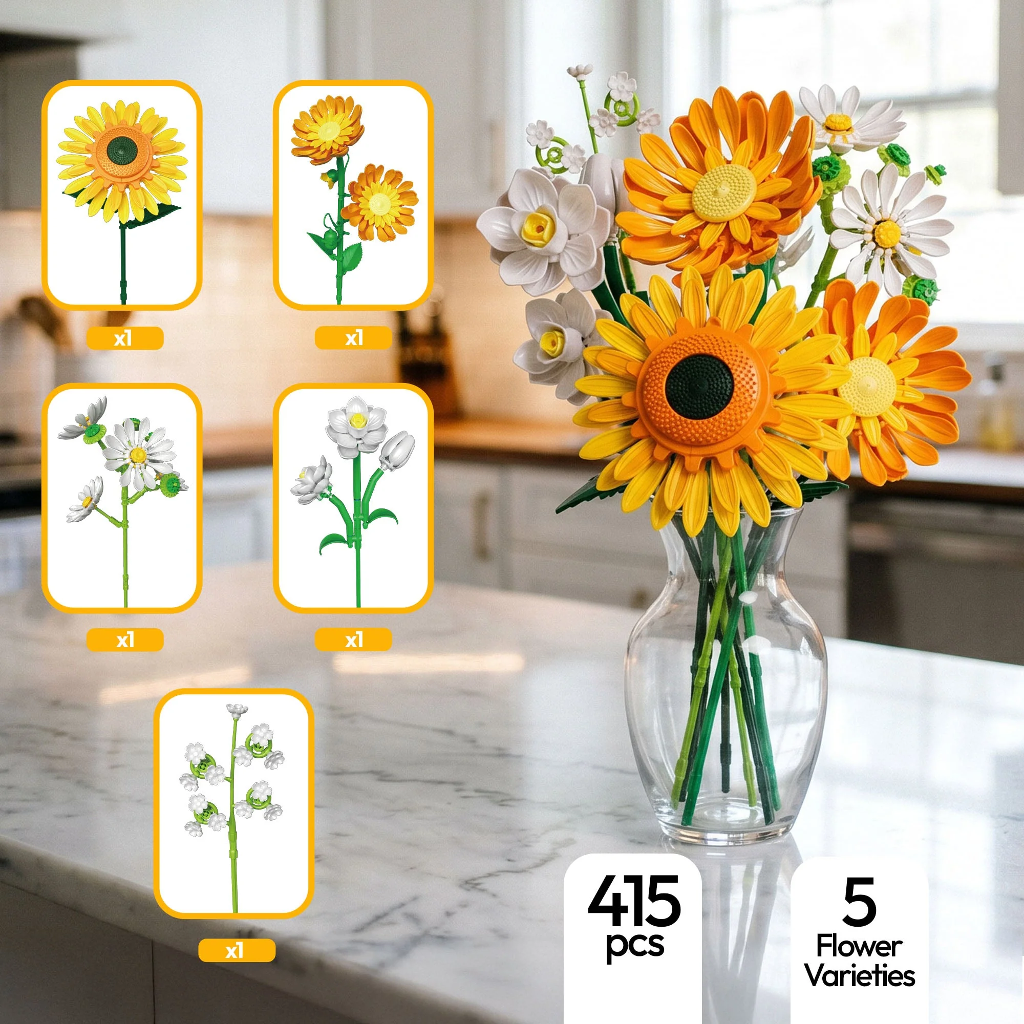 Contixo BK11 Yellow Sunflower Van Gogh Bouquet Building Set - 415 Pieces - Image 13