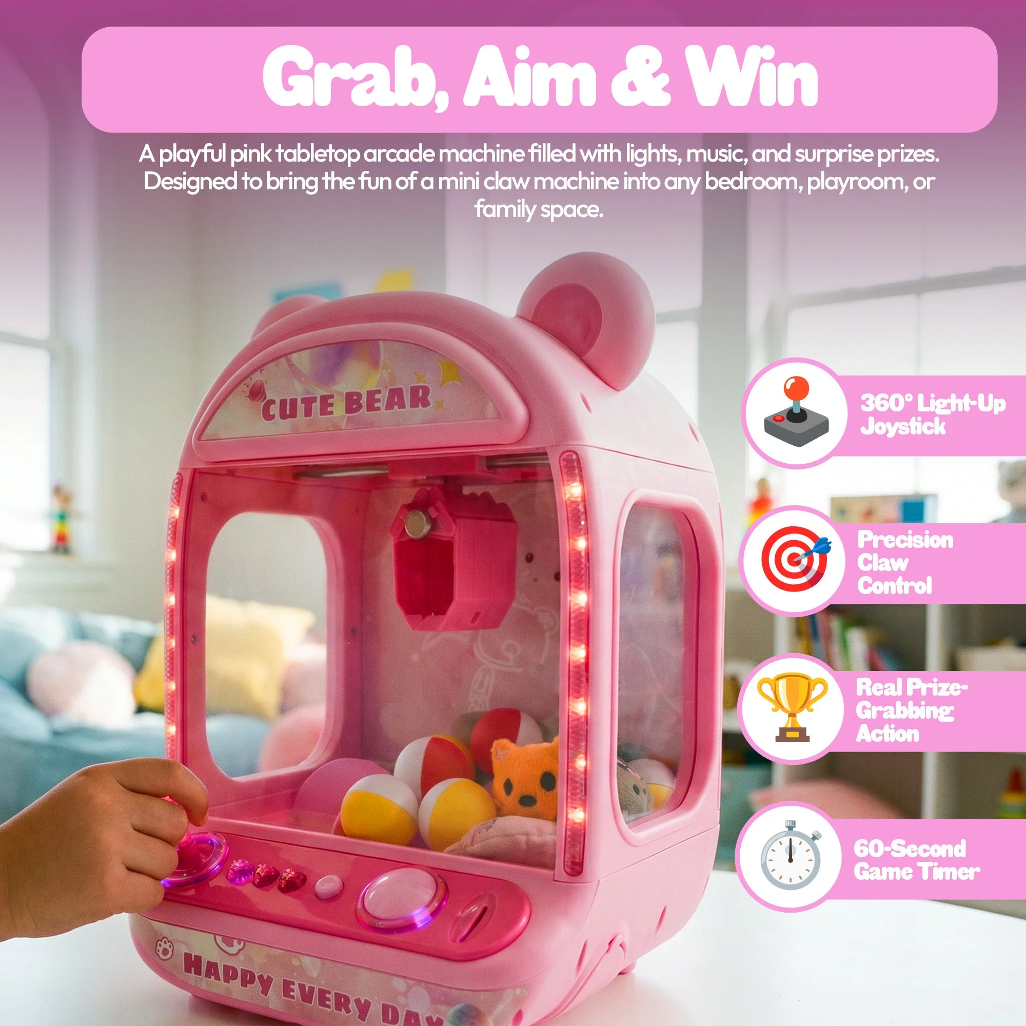 Contixo CM2 Pink Tabletop Claw Machine, Mini Arcade Prize Grabber - Image 6