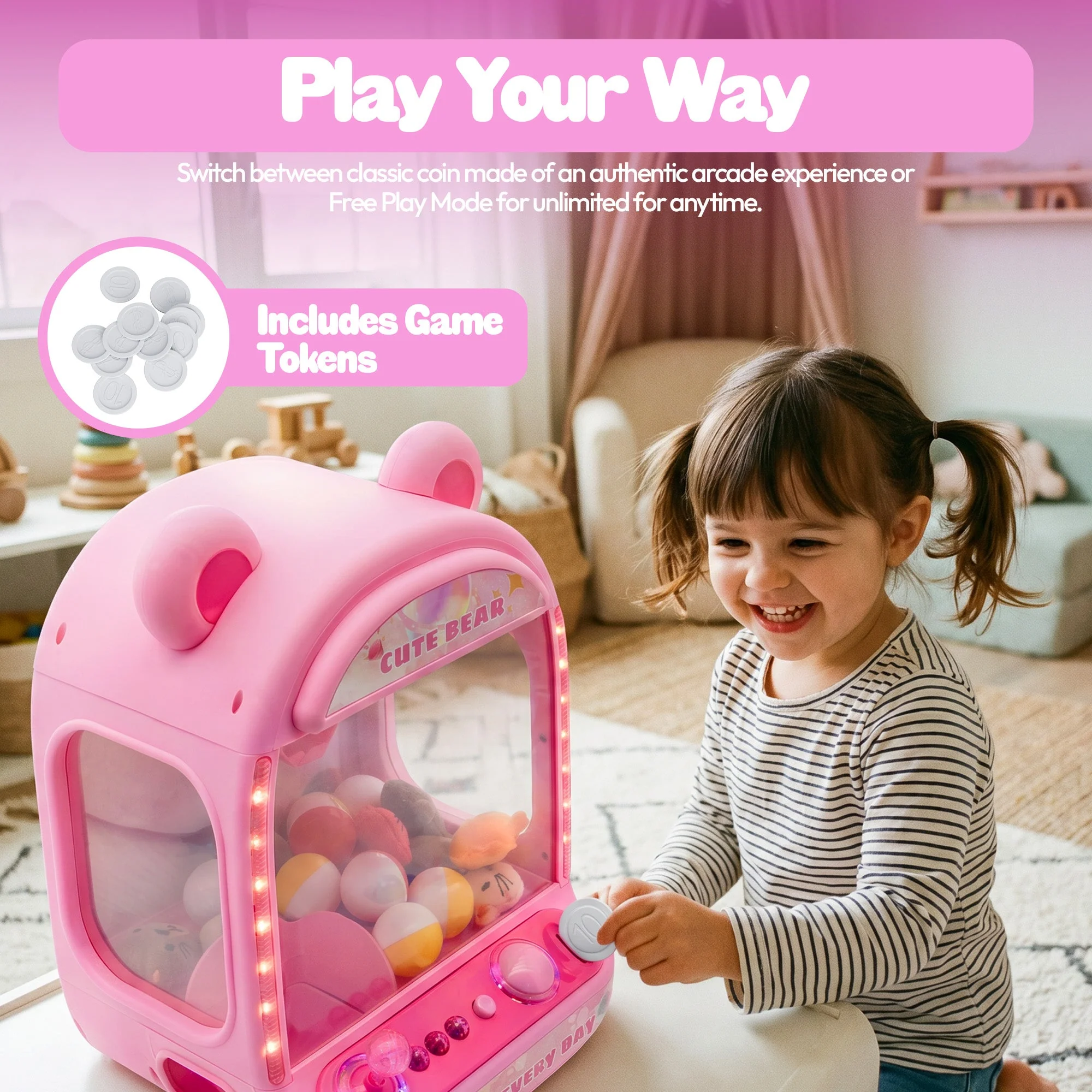 Contixo CM2 Pink Tabletop Claw Machine, Mini Arcade Prize Grabber - Image 7