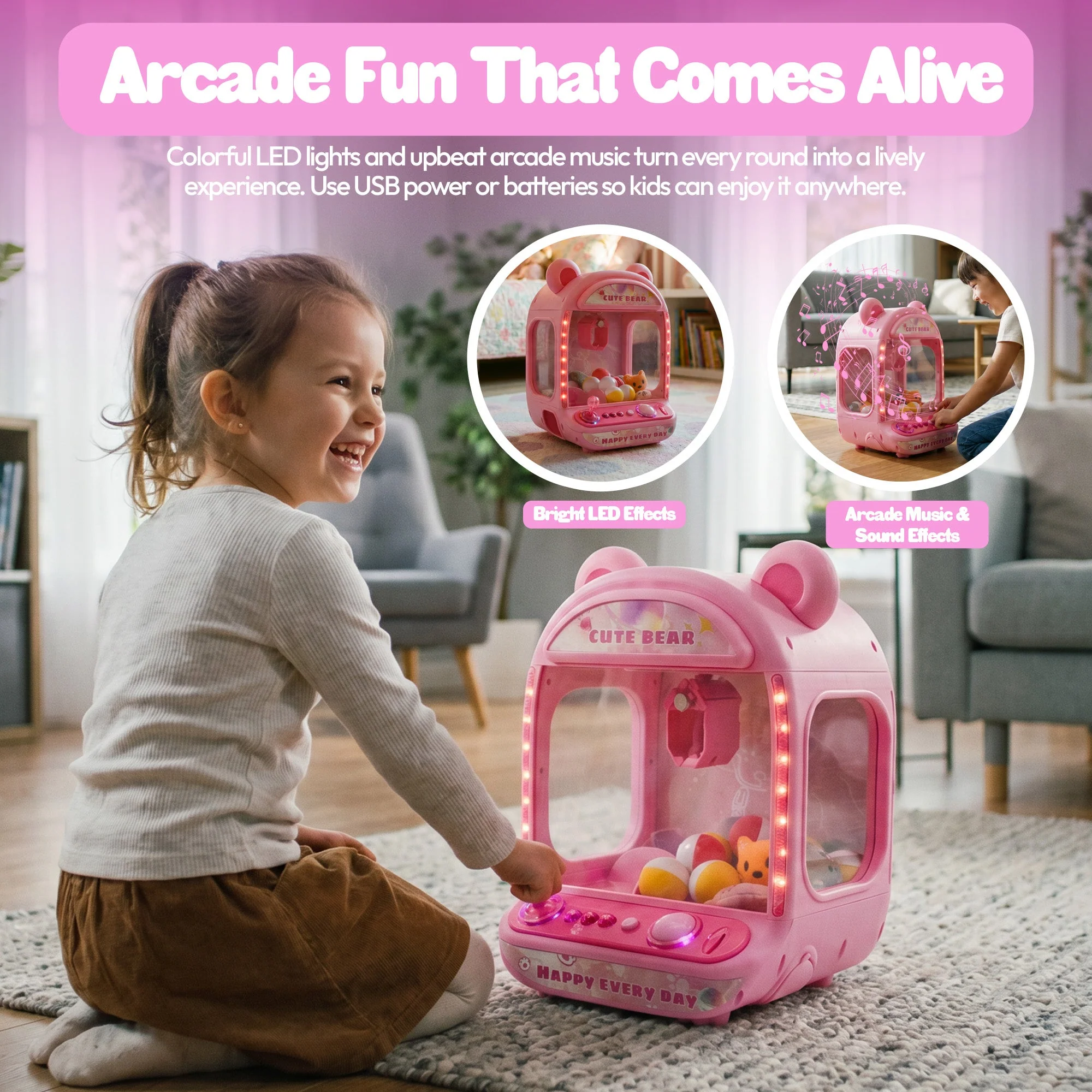 Contixo CM2 Pink Tabletop Claw Machine, Mini Arcade Prize Grabber - Image 8