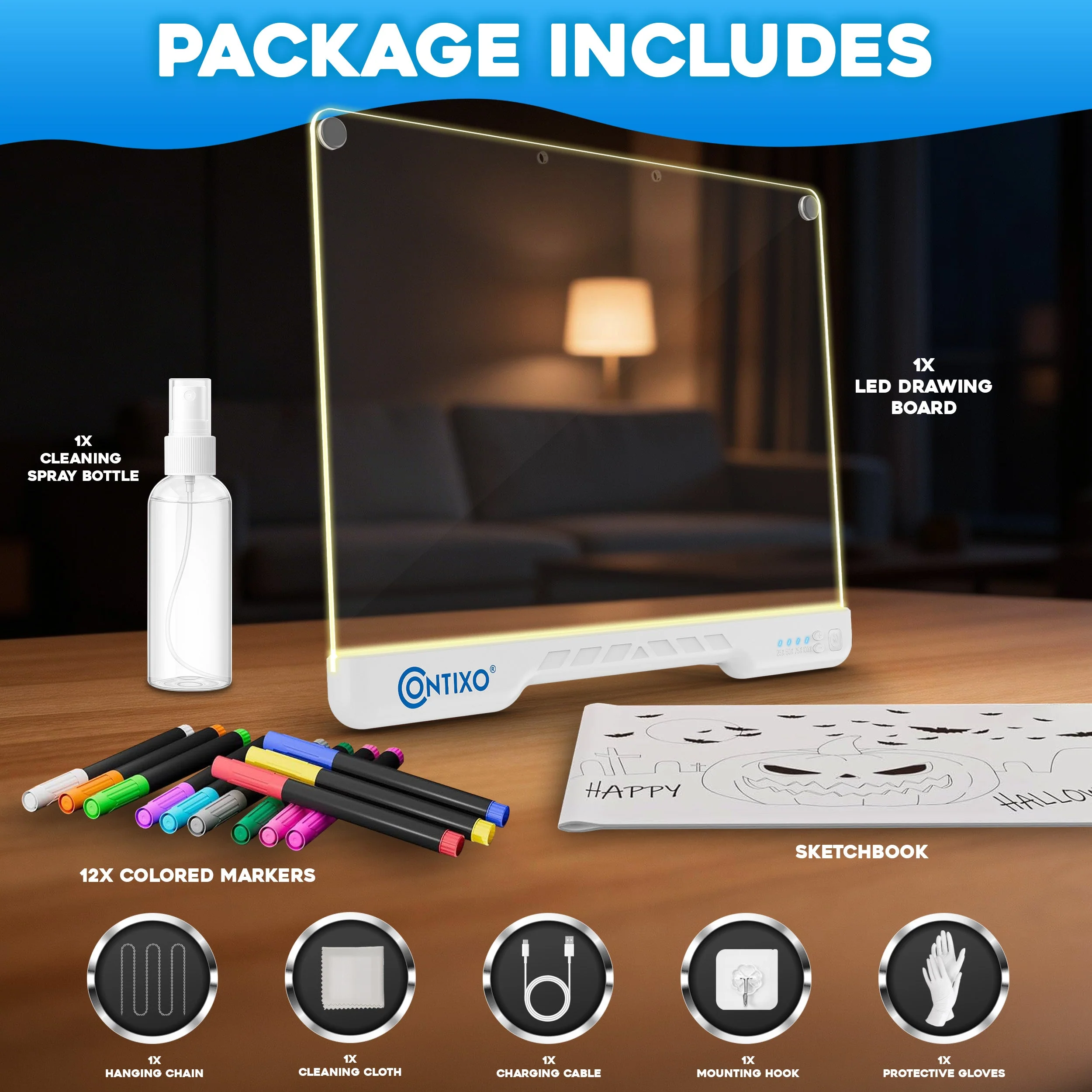 Contixo WB1 16" Led Drawing Board for Kids Rechargeable, Portable Doodle Glow LED Note Board With 10 Light Modes, Neon Art Dry Erase Light Up Drawing Pad With Stand, Ideal Gifts for Kids Boys & Girls - Image 2