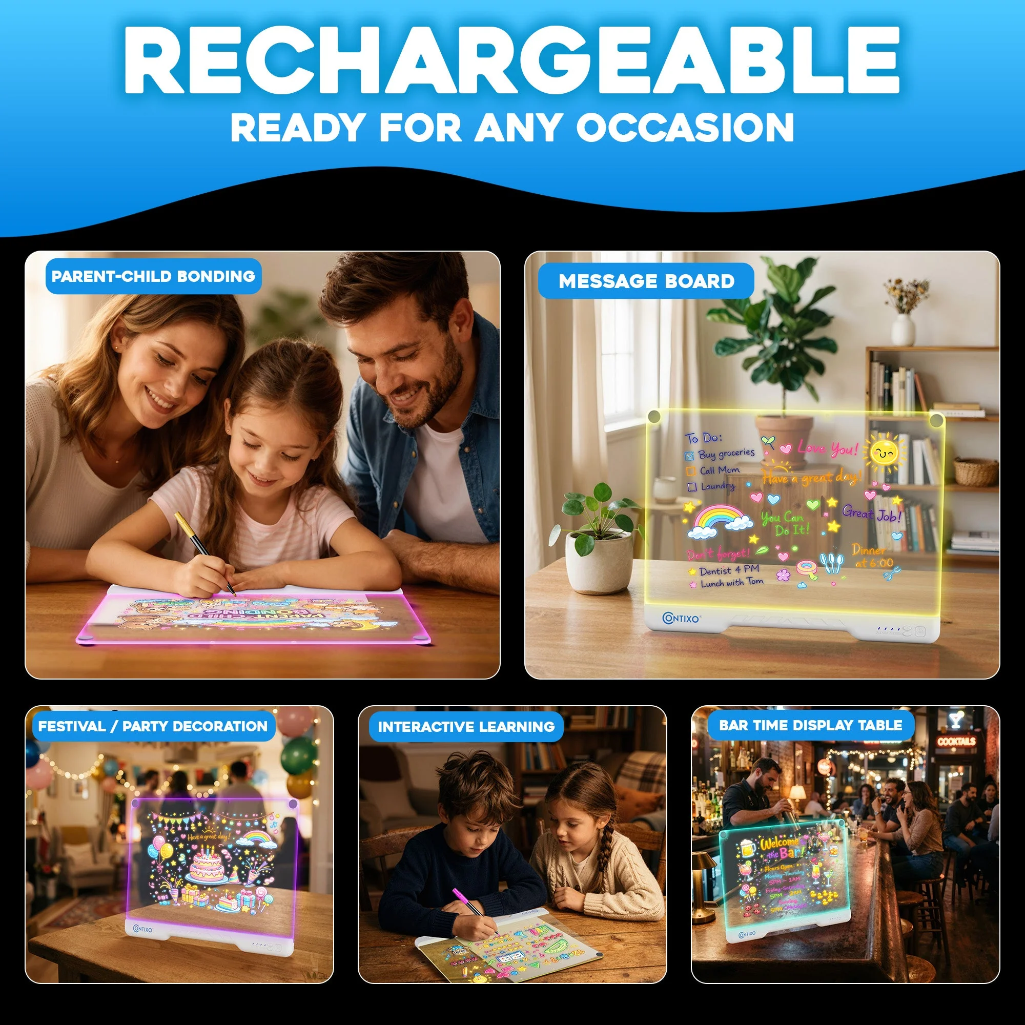 Contixo WB1 16" Led Drawing Board for Kids Rechargeable, Portable Doodle Glow LED Note Board With 10 Light Modes, Neon Art Dry Erase Light Up Drawing Pad With Stand, Ideal Gifts for Kids Boys & Girls - Image 4