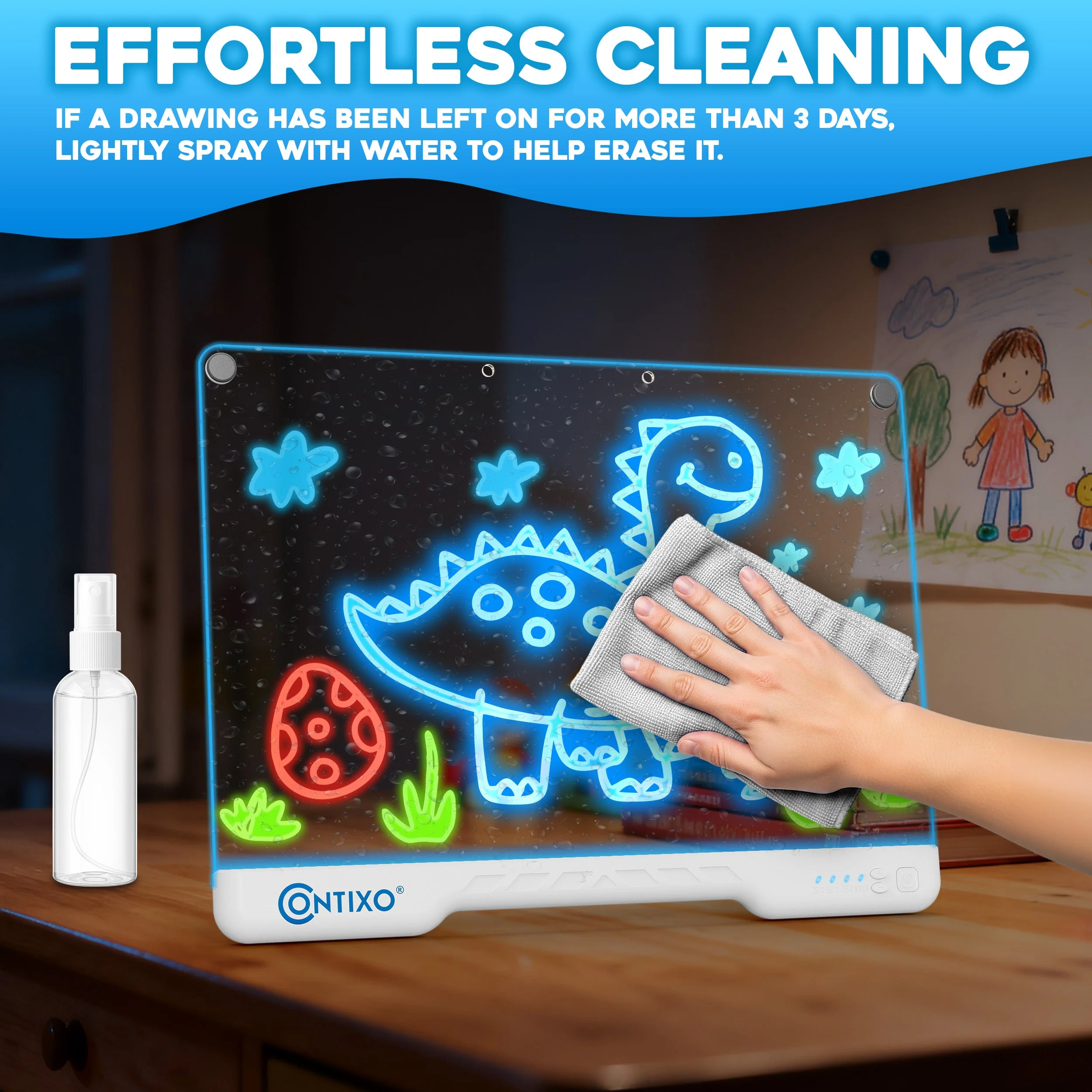 Contixo WB1 16" Led Drawing Board for Kids Rechargeable, Portable Doodle Glow LED Note Board With 10 Light Modes, Neon Art Dry Erase Light Up Drawing Pad With Stand, Ideal Gifts for Kids Boys & Girls - Image 5