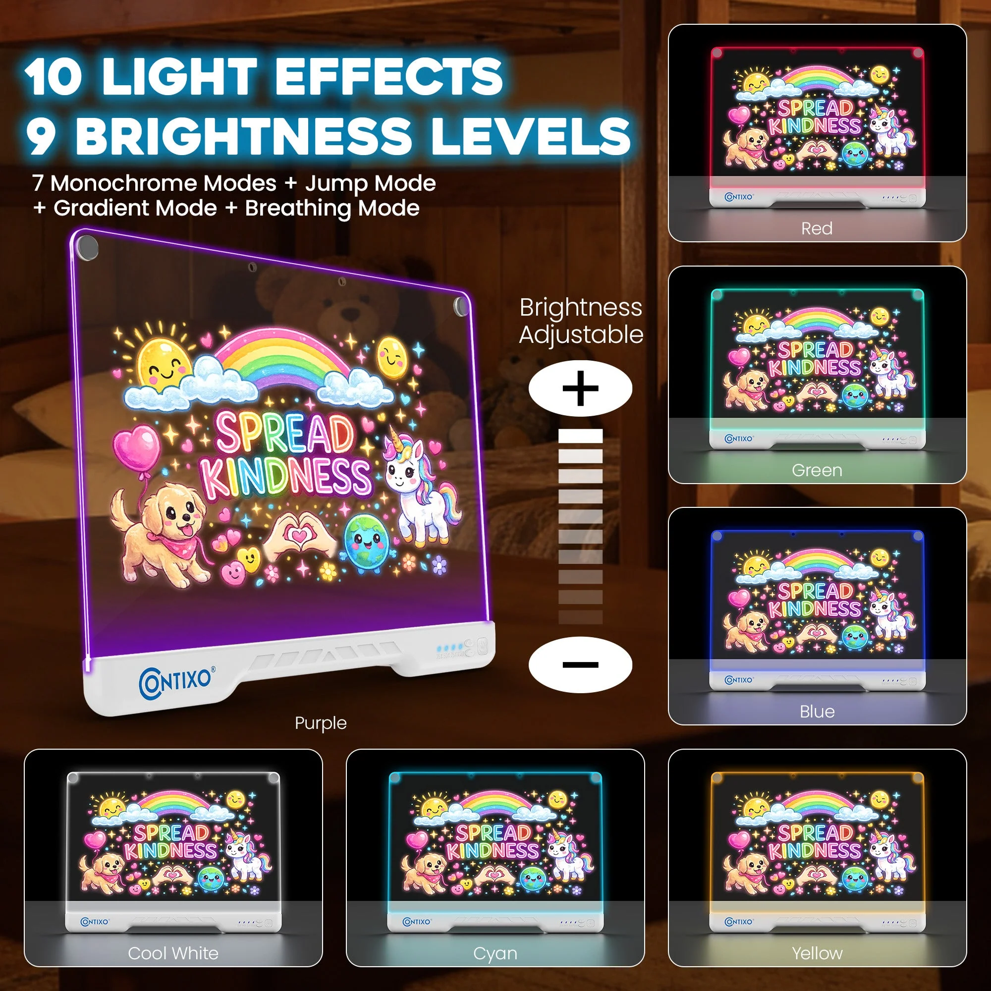 Contixo WB1 16" Led Drawing Board for Kids Rechargeable, Portable Doodle Glow LED Note Board With 10 Light Modes, Neon Art Dry Erase Light Up Drawing Pad With Stand, Ideal Gifts for Kids Boys & Girls - Image 7